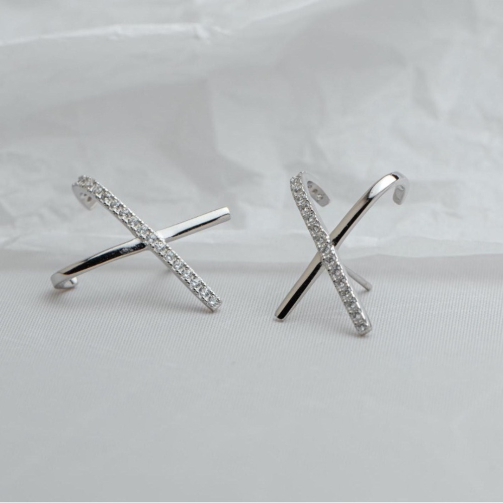 Charter Club Inspired 925 Sterling Silver X Crossover Crystal Hoop Earrings - Picture 5 of 6